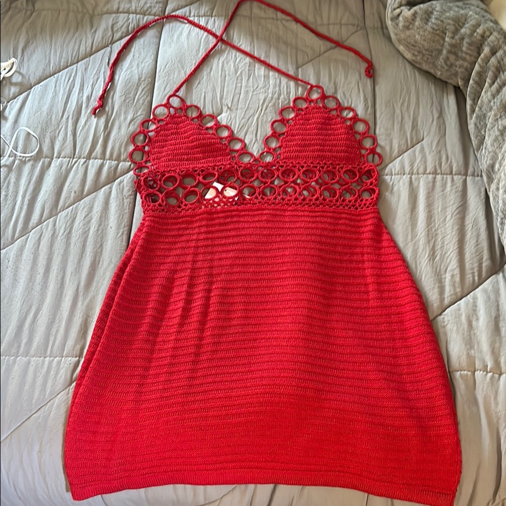 Red Crochet Halter Dress